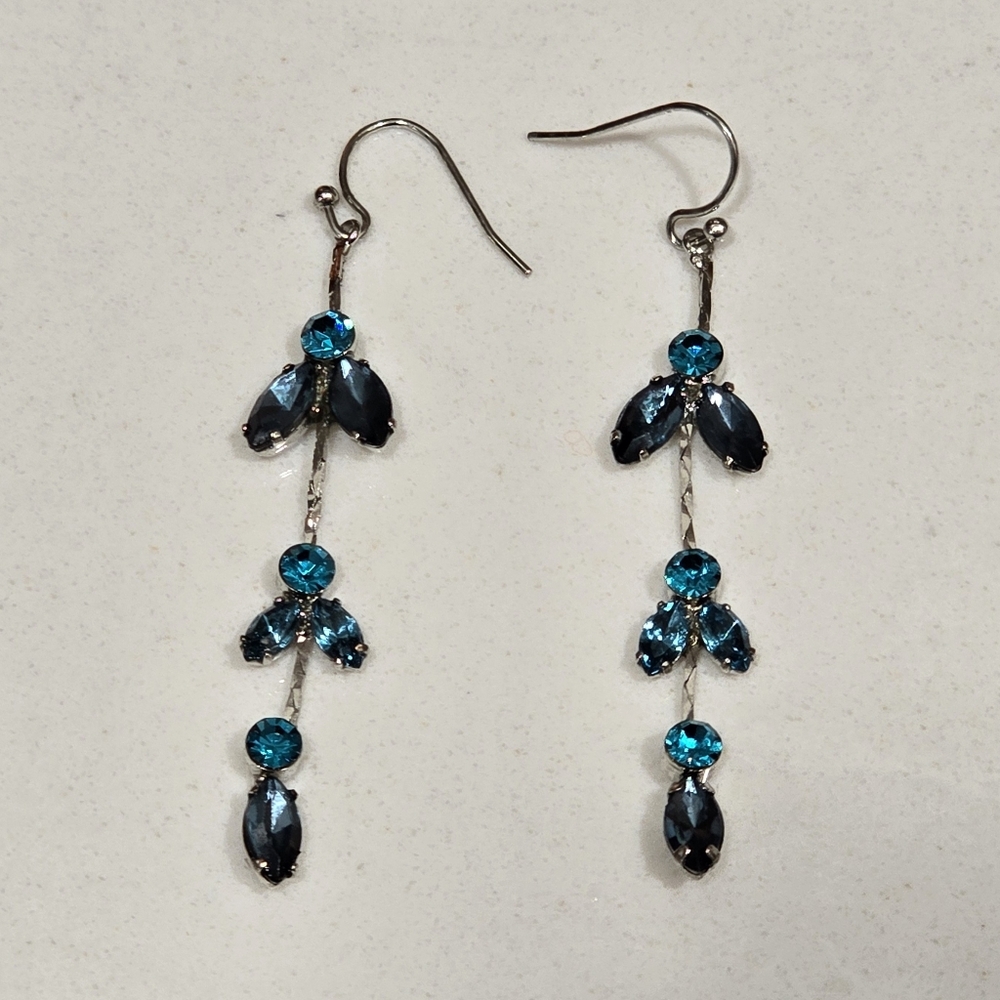 2.5" Vintage Teal & Blue Crystal Silver Tone Fashion Hook Dangle Earrings